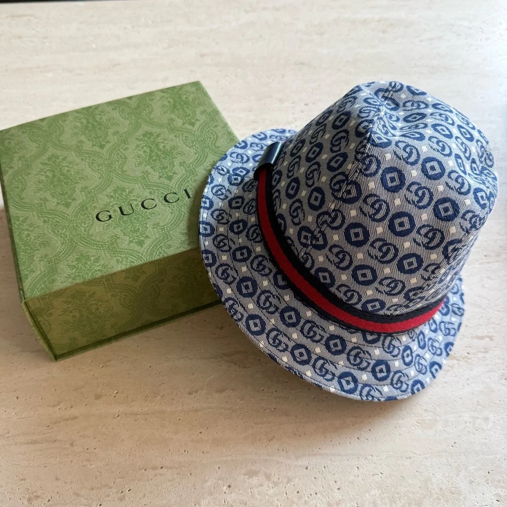 NWT GUCCI Kids All-Over GG-Pattern Sun Hat Sz XS / 50cm 💙🎈❤️